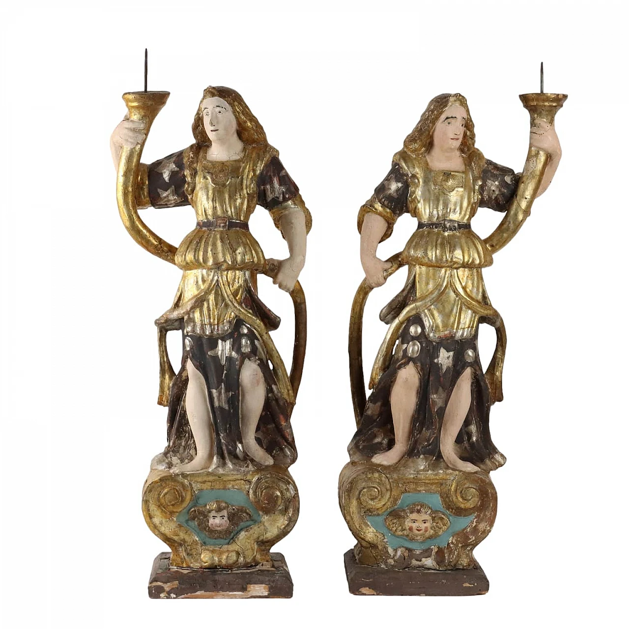 Pair of wooden angel-shaped candle holder, early 18th century 1