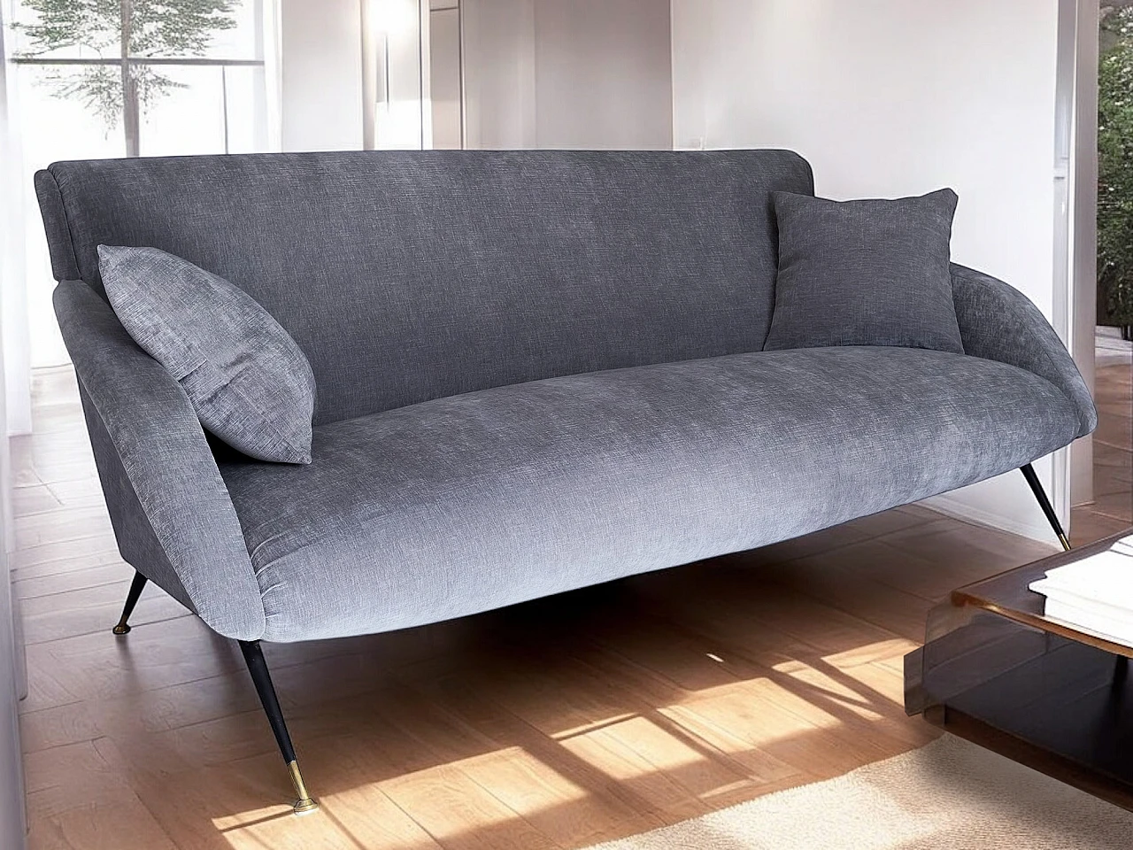 Three-seater gray velvet sofa with cushions, 1950s 3