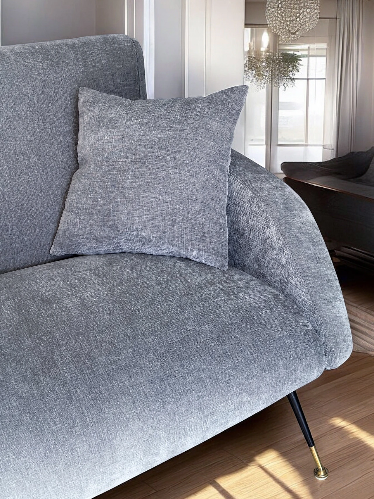 Three-seater gray velvet sofa with cushions, 1950s 4