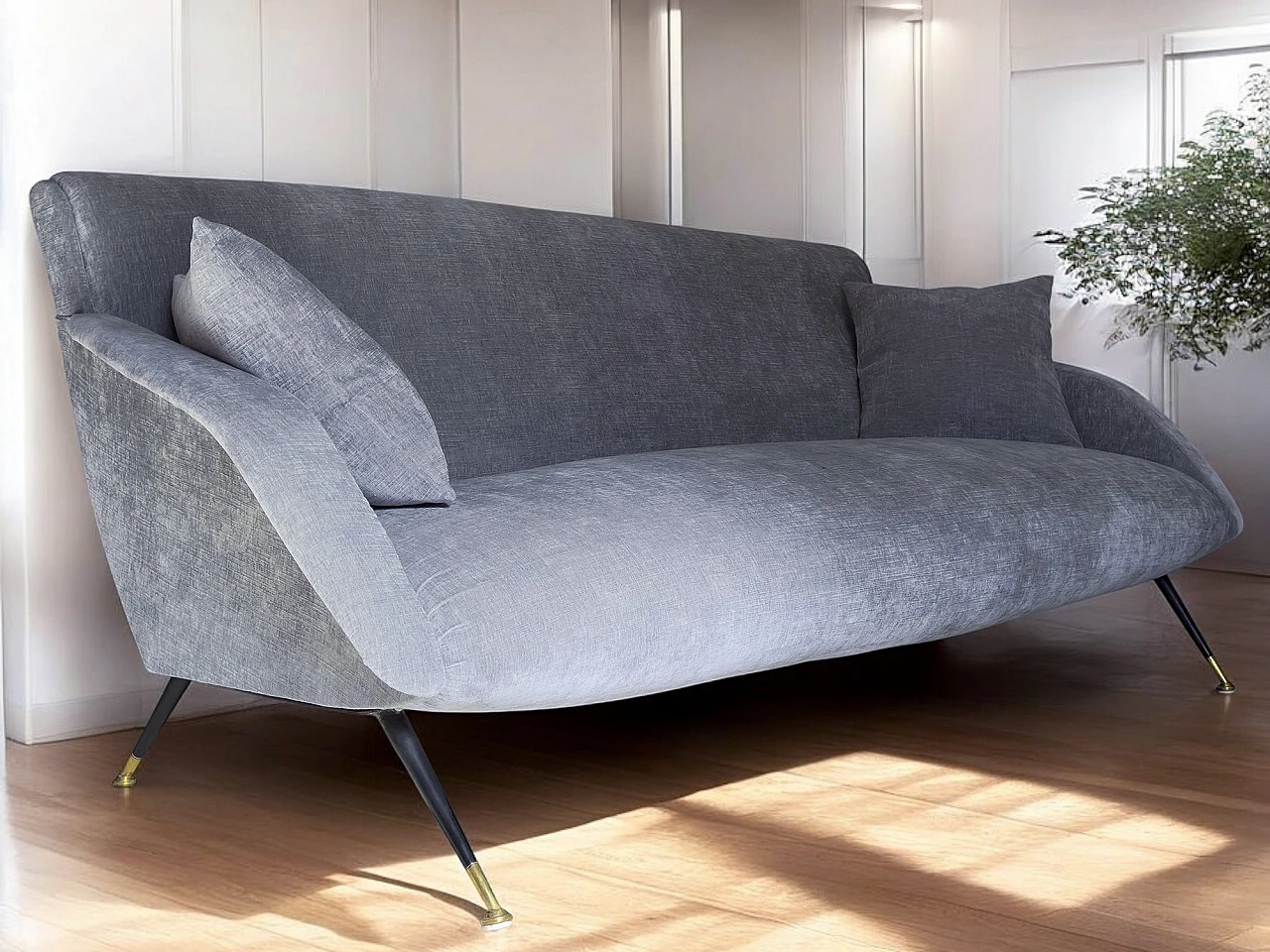 Three-seater gray velvet sofa with cushions, 1950s 5