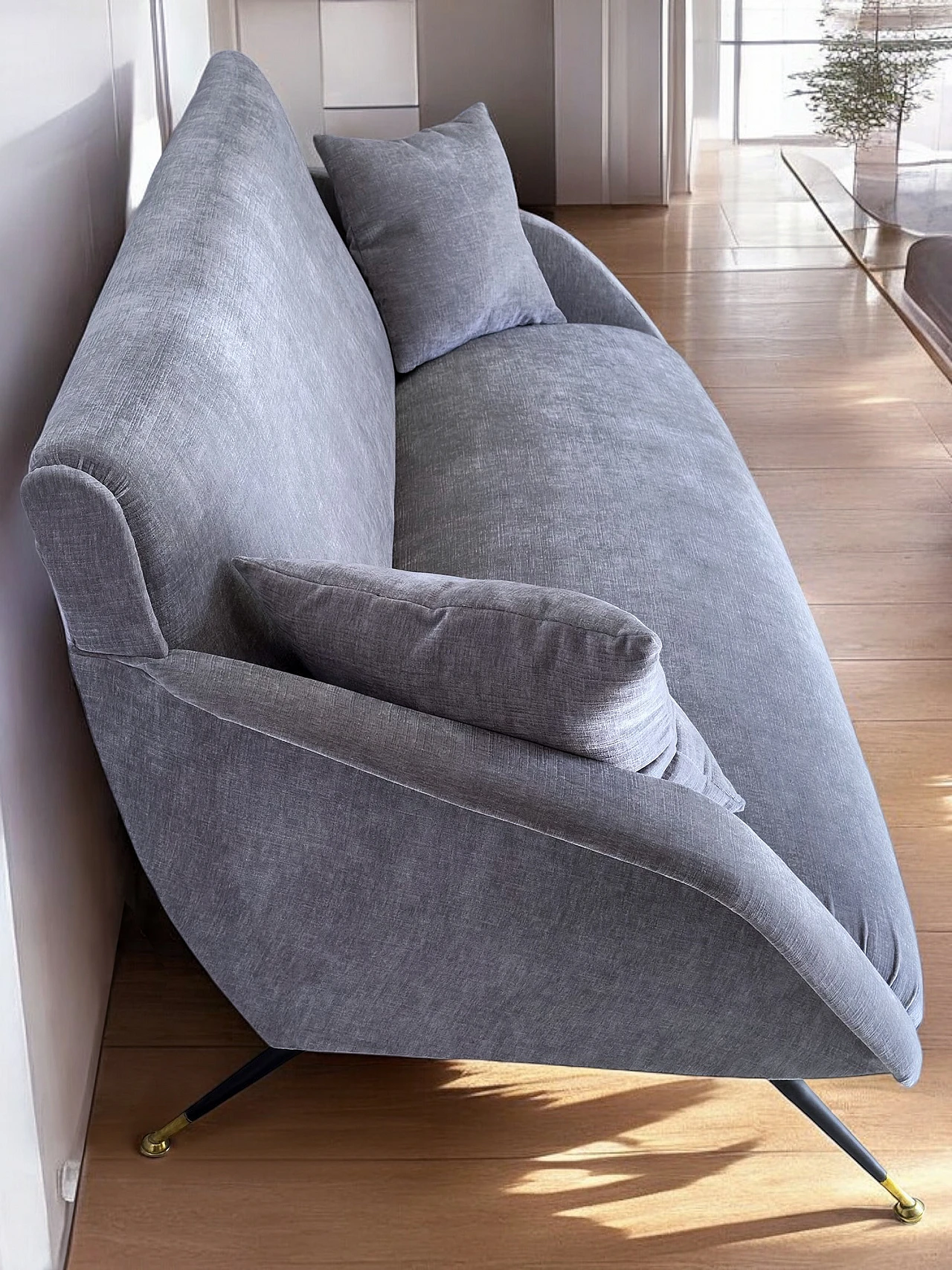 Three-seater gray velvet sofa with cushions, 1950s 7