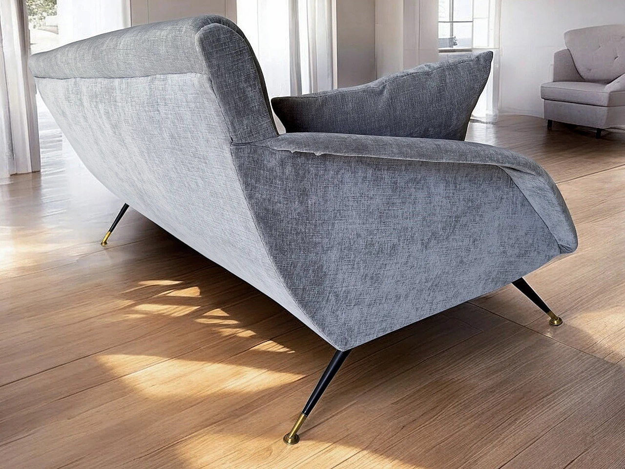 Three-seater gray velvet sofa with cushions, 1950s 9