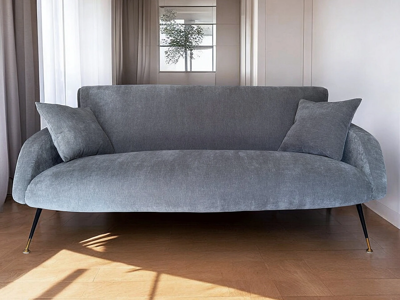 Three-seater gray velvet sofa with cushions, 1950s 12