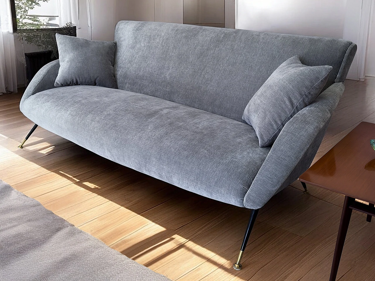 Three-seater gray velvet sofa with cushions, 1950s 13