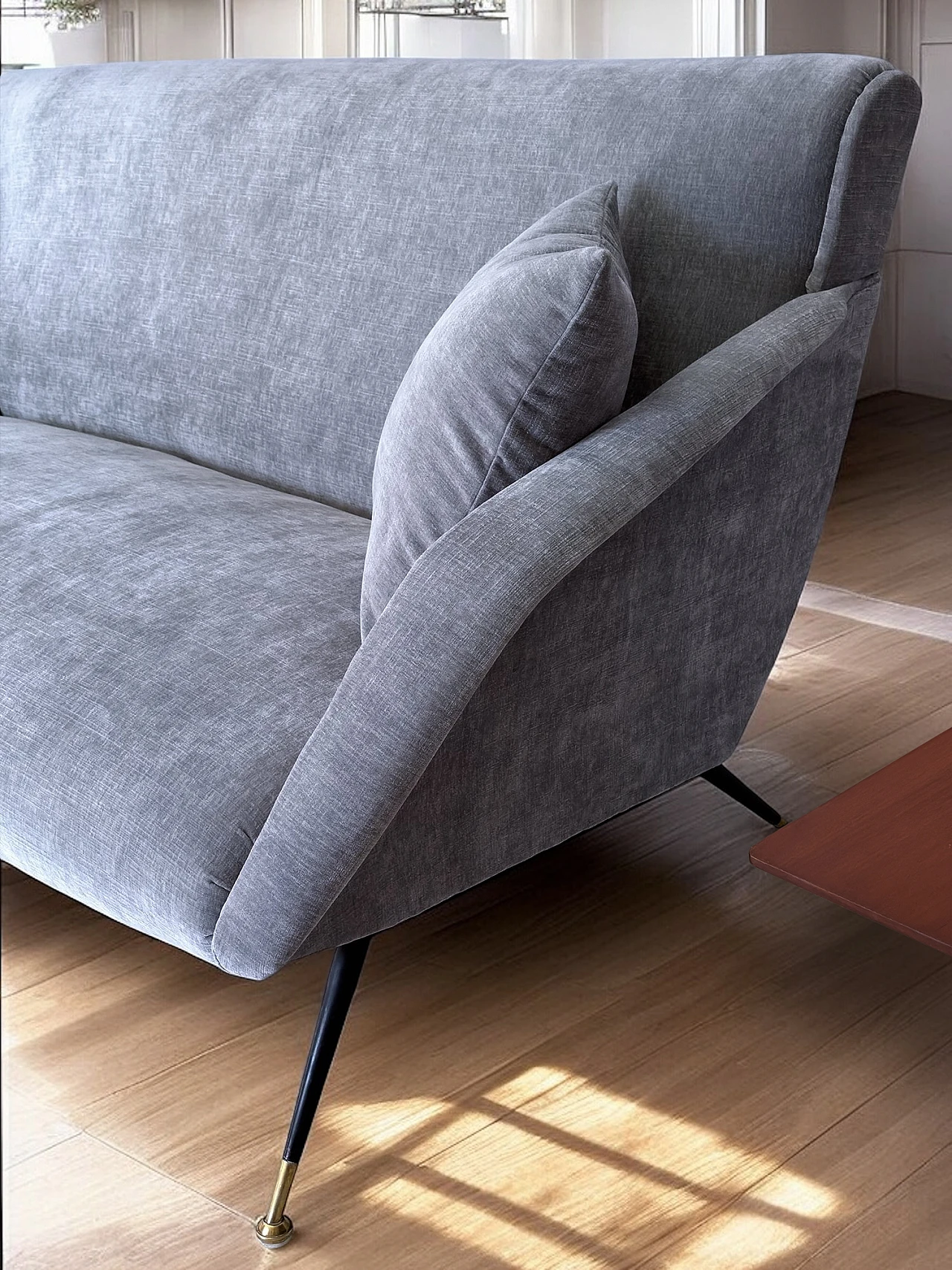 Three-seater gray velvet sofa with cushions, 1950s 15