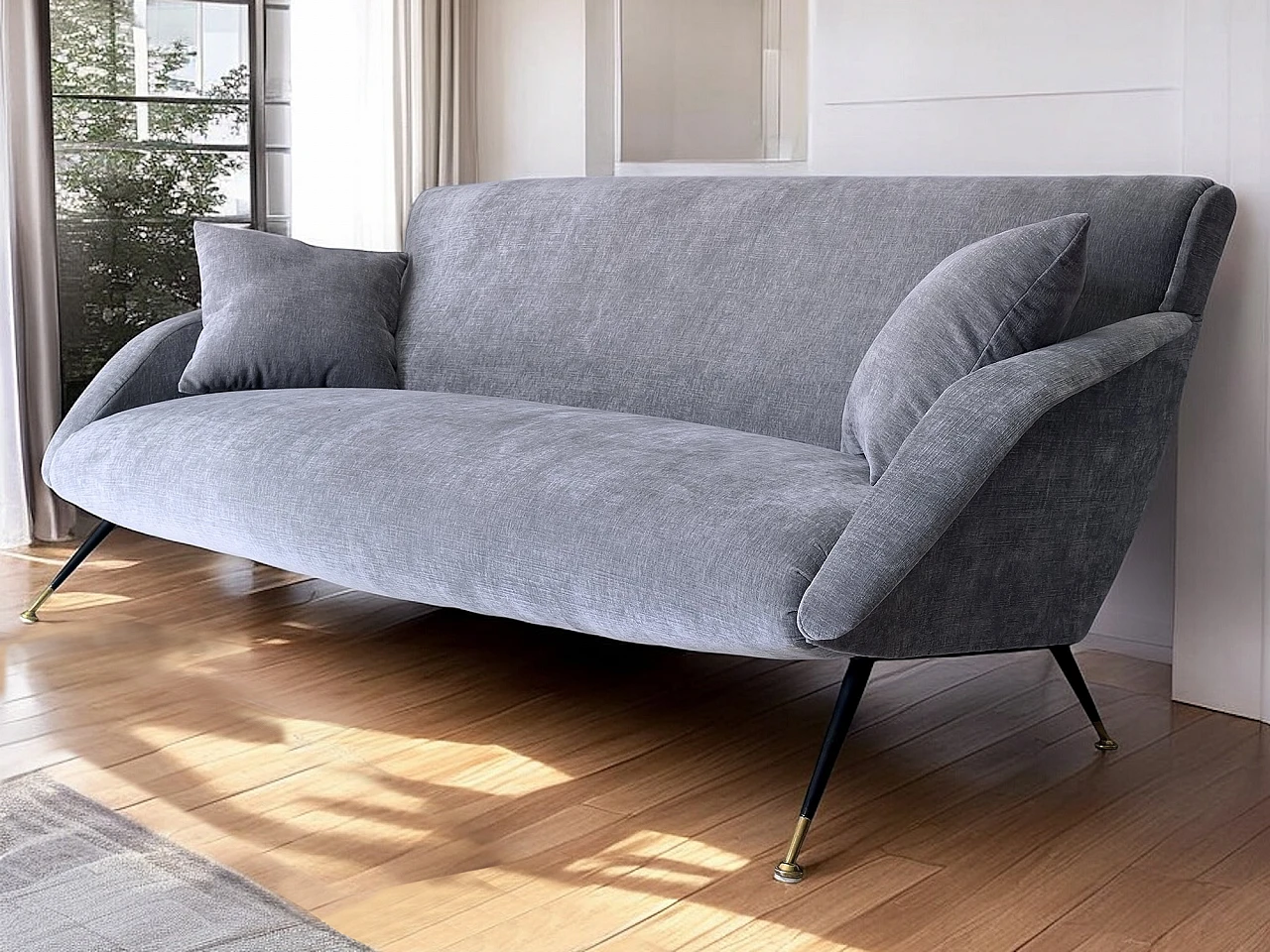 Three-seater gray velvet sofa with cushions, 1950s 16