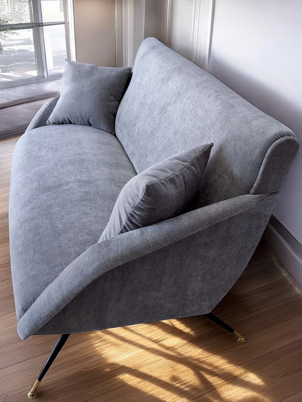 Three-seater gray velvet sofa with cushions, 1950s 19