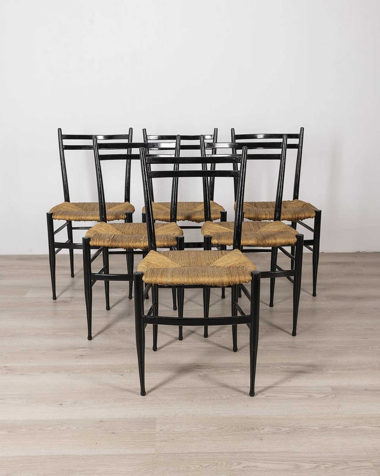 6 Chairs in black wood with rope seats, '50s 1