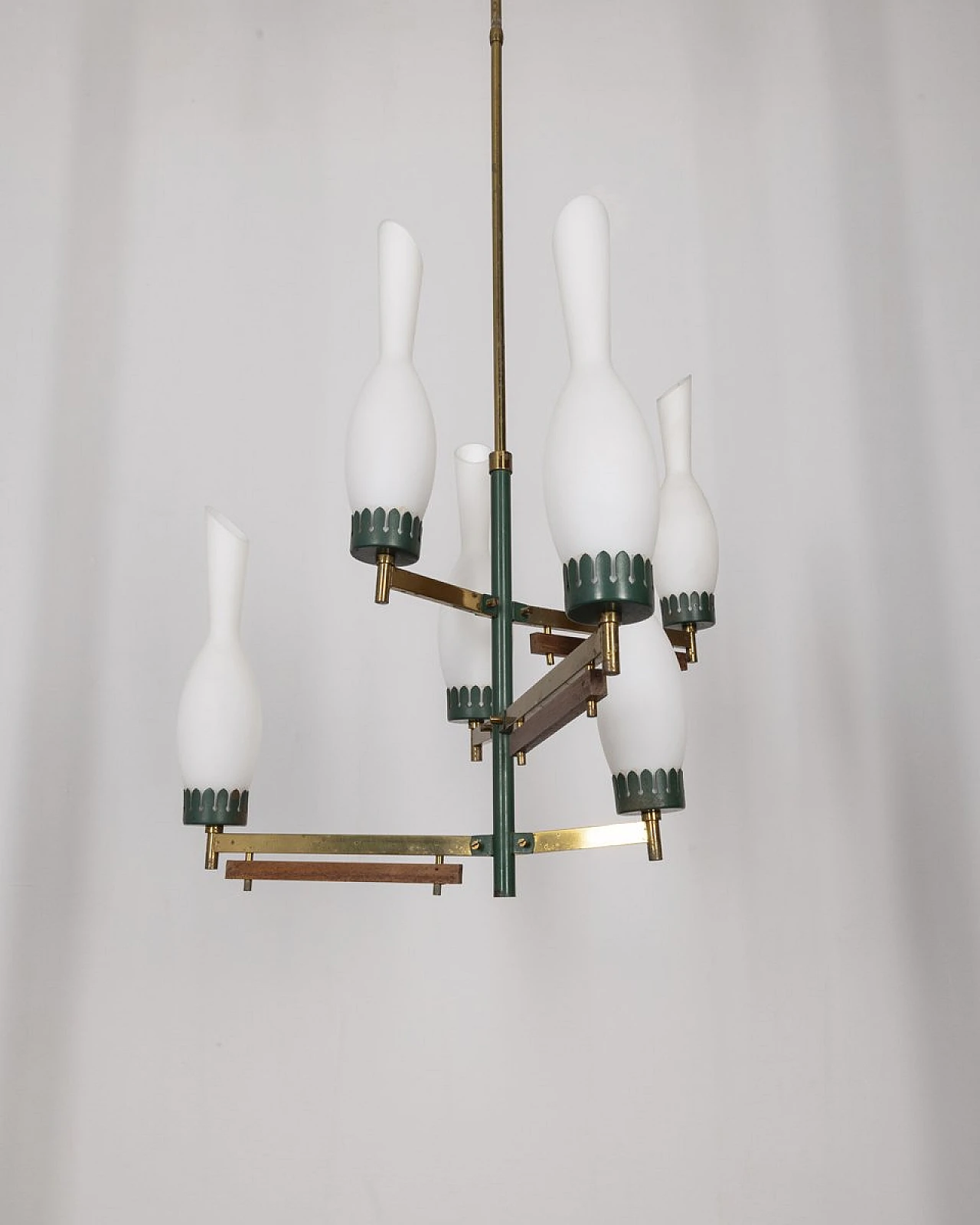 Lampada da soffitto vintage in ottone, metallo verde e vetro, Italia, anni '50 2