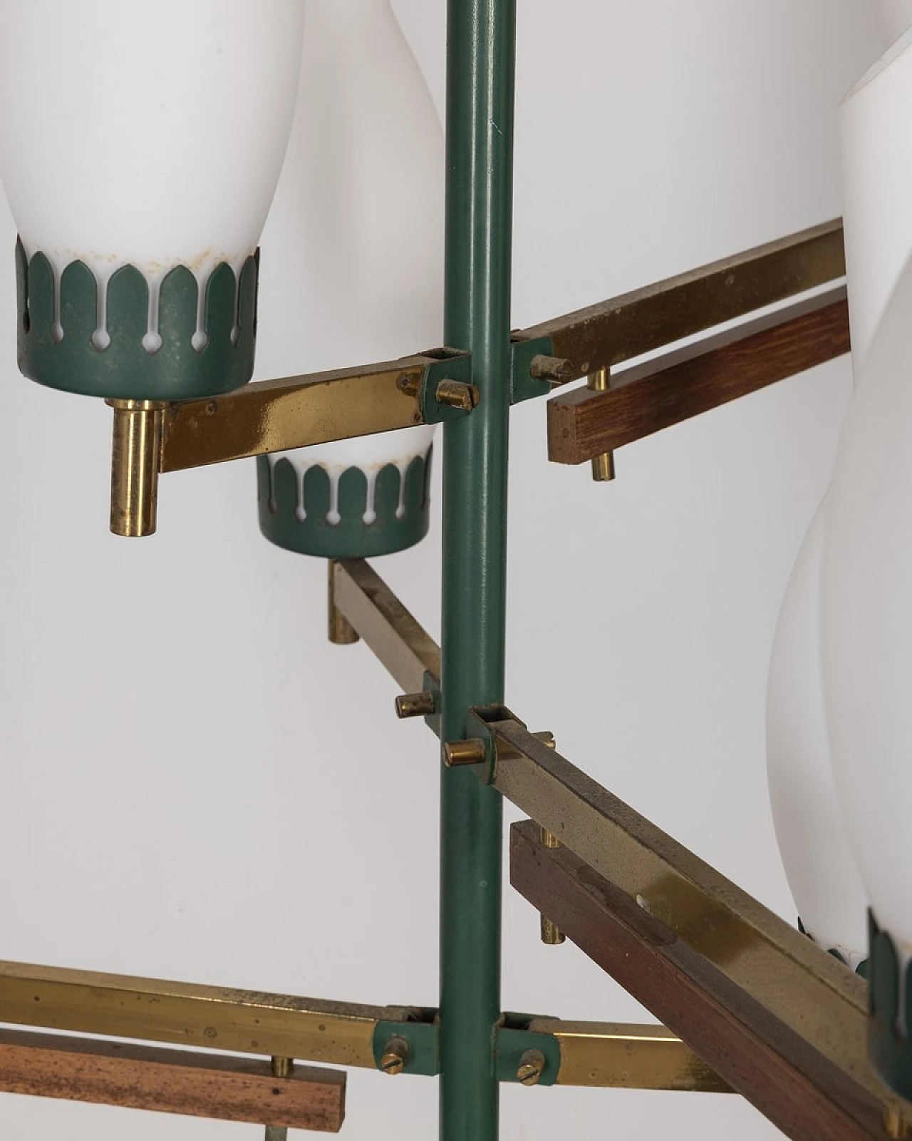 Lampada da soffitto vintage in ottone, metallo verde e vetro, Italia, anni '50 10