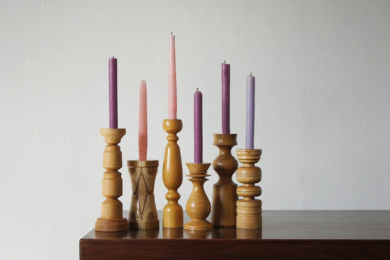 6 Wooden candleholders, 1970s 1