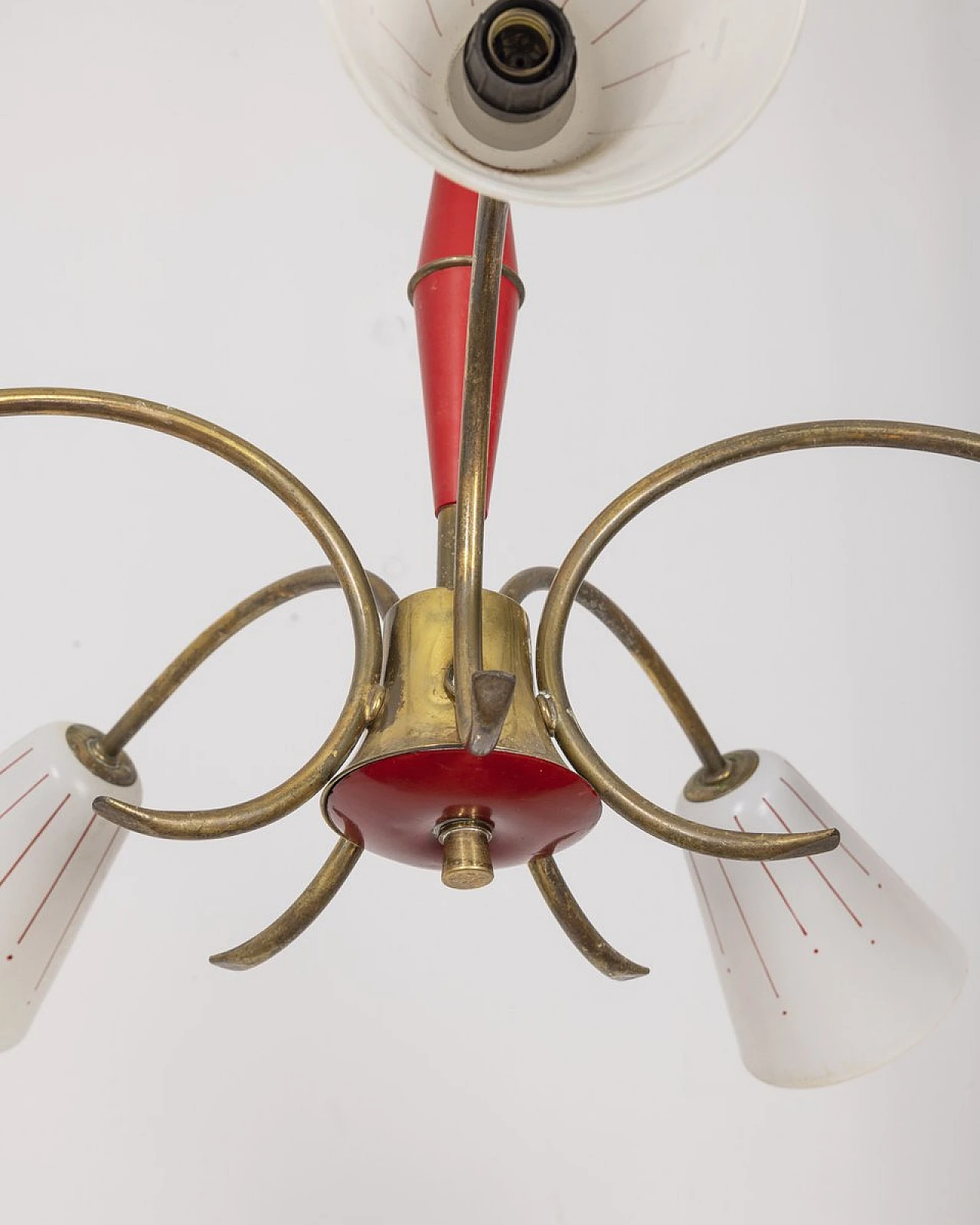 Lampada a sospensione vintage in metallo rosso e vetro, Italia, anni '60 4