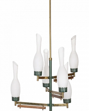 Lampada da soffitto vintage in ottone, metallo verde e vetro, Italia, anni '50