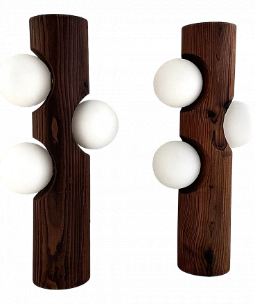 Large Mid-Century Pine Tree Trunk and Glass Sphere Wall Sconces, 1970s, Set of 2