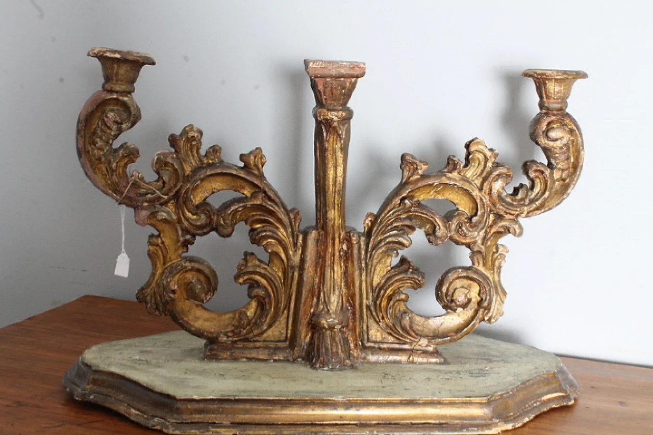 Candelabro o candeliere a due bracci in legno dorato a mecca, '700 8