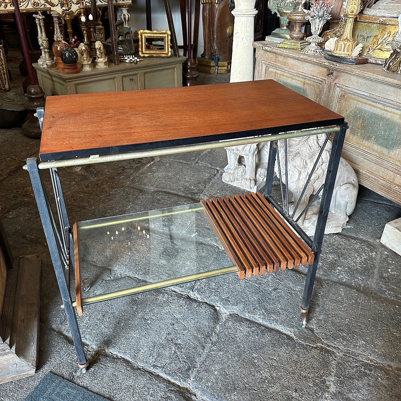 Rectangular trolley made of wood and metal, 1960s 2