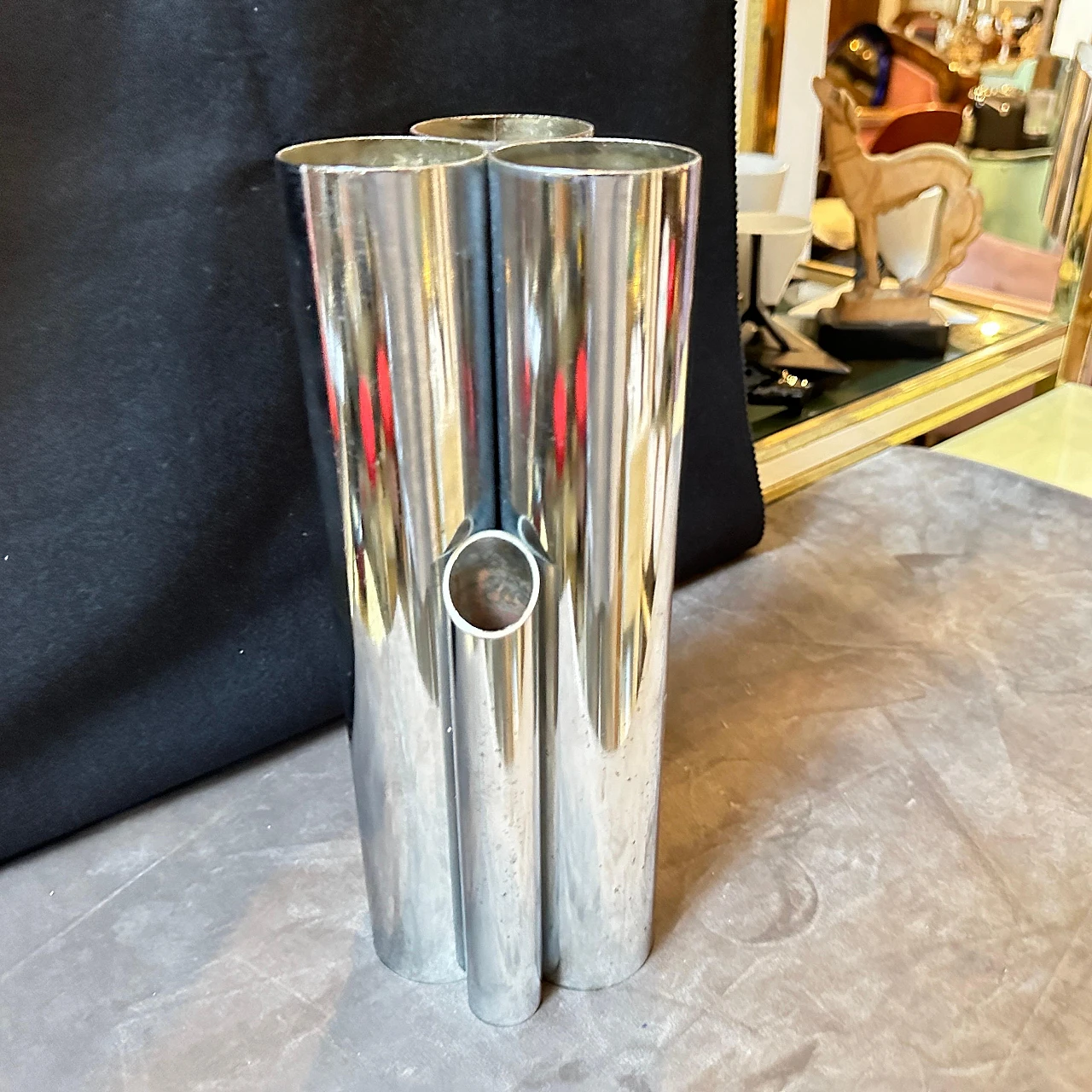 Chrome-plated metal cylinder vase in Gio Ponti style, 1960s 3