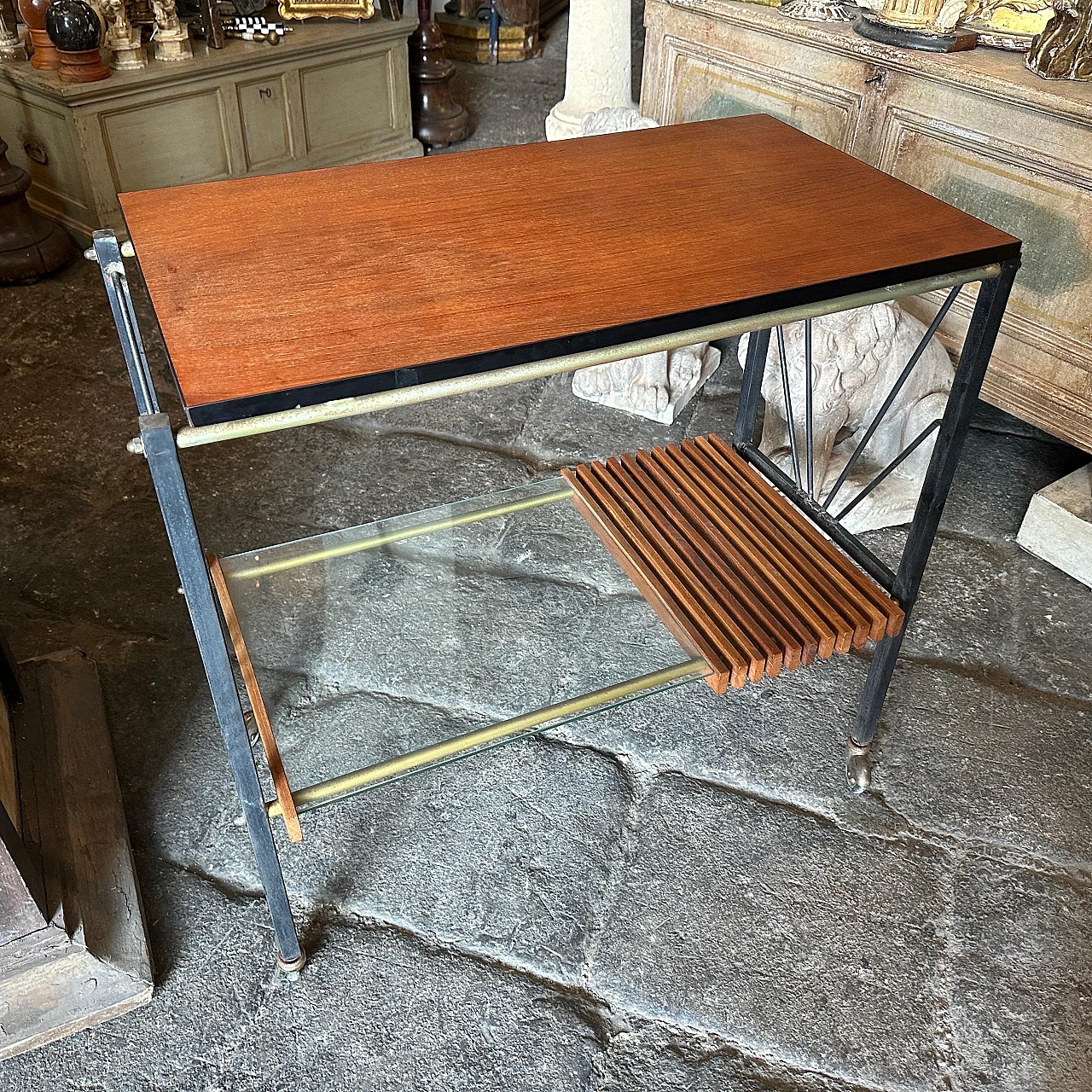 Rectangular trolley made of wood and metal, 1960s 6