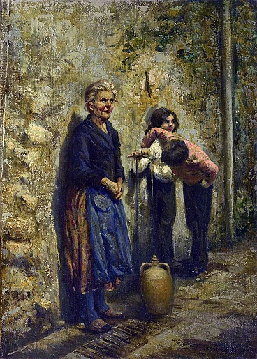 Rustic scene at the fountain, oil on canvas by Marino Faliero, 1990s