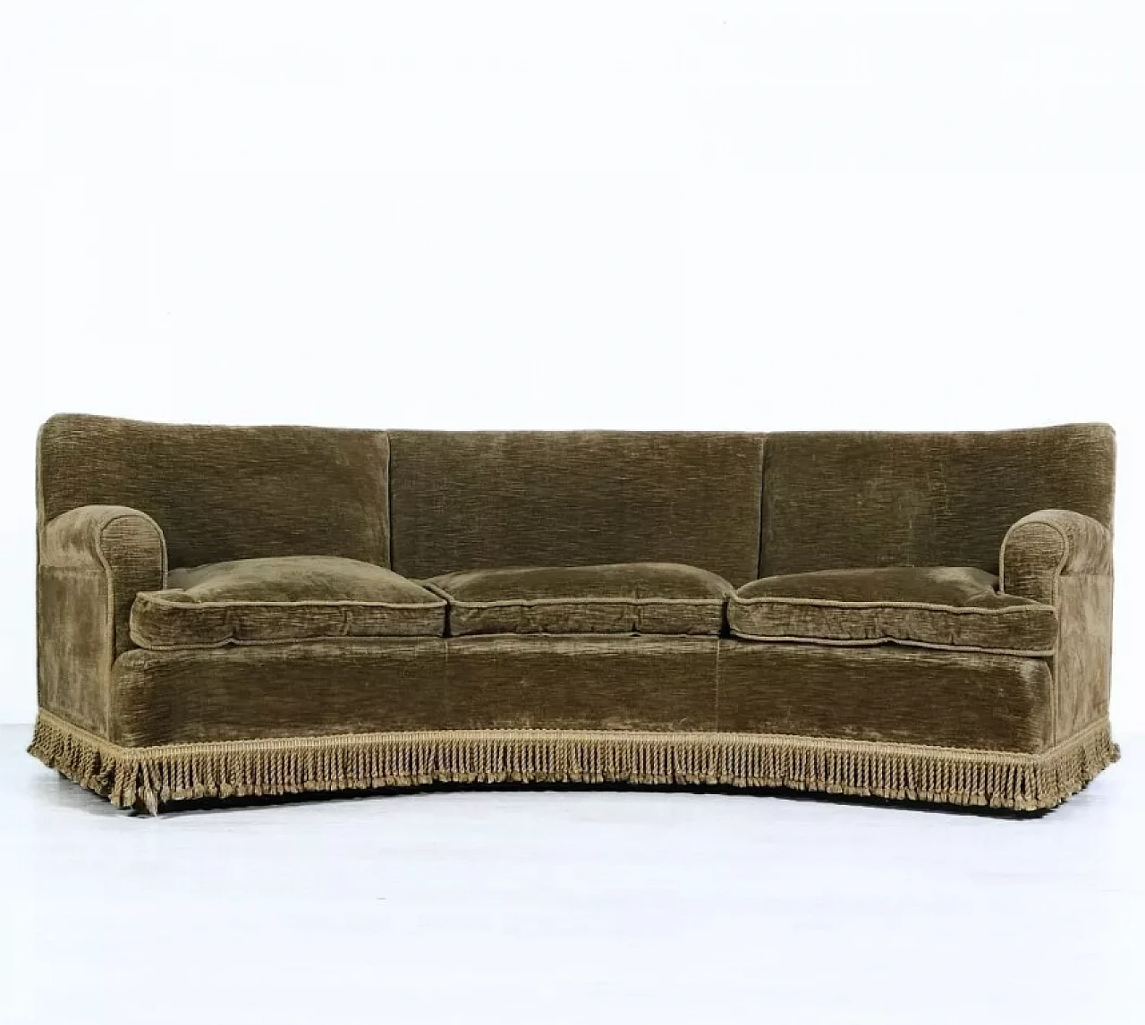 Curved wooden and brown velvet sofa, 1950s 1