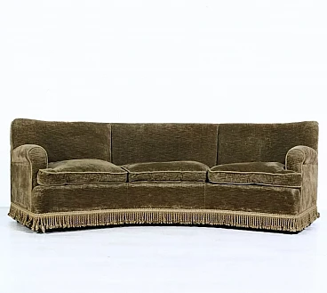 Curved wooden and brown velvet sofa, 1950s