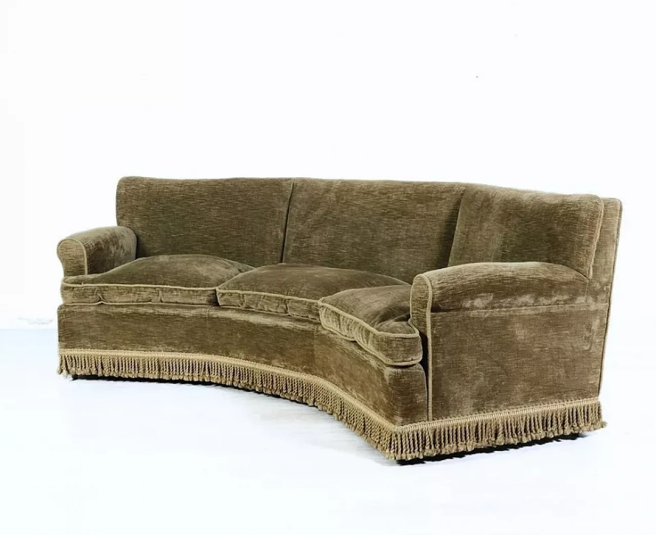 Curved wooden and brown velvet sofa, 1950s 6