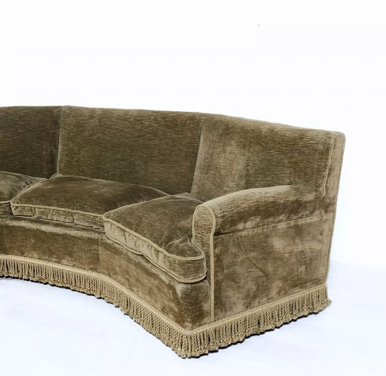 Curved wooden and brown velvet sofa, 1950s 9