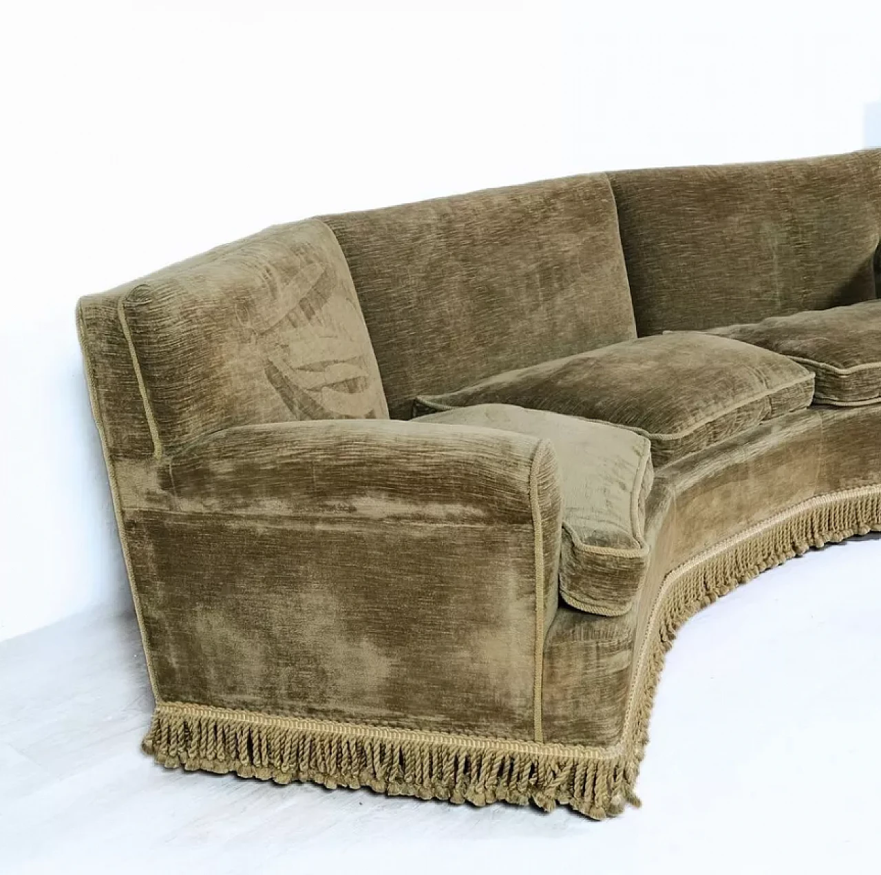 Curved wooden and brown velvet sofa, 1950s 10