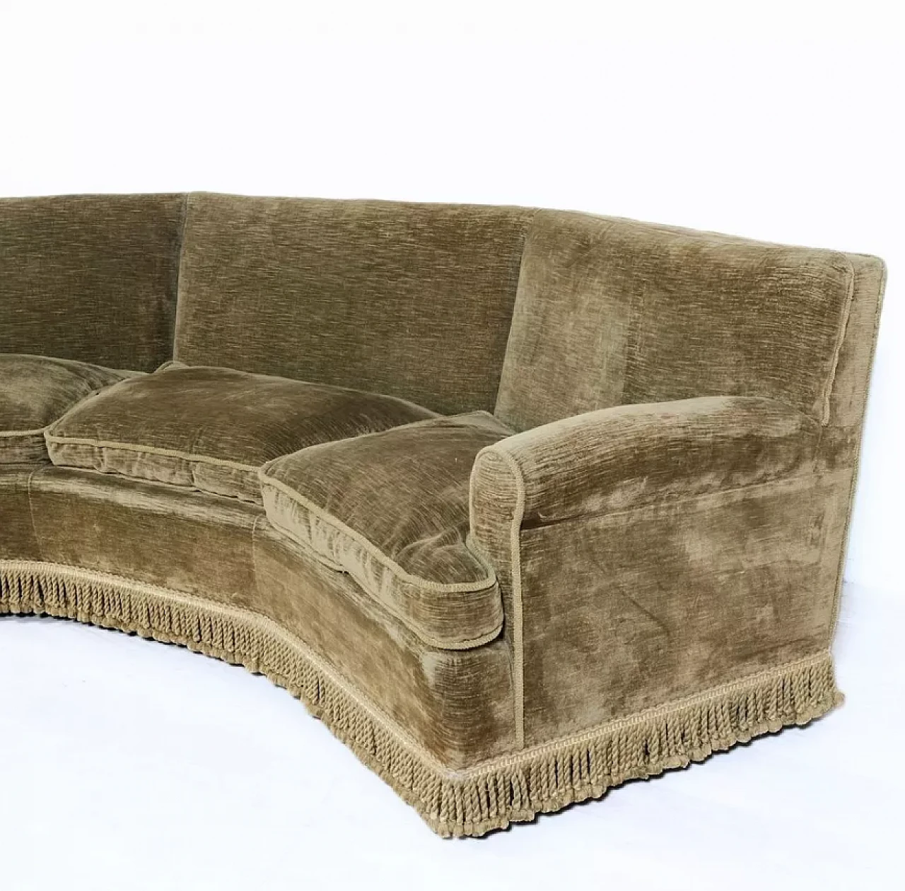 Curved wooden and brown velvet sofa, 1950s 12