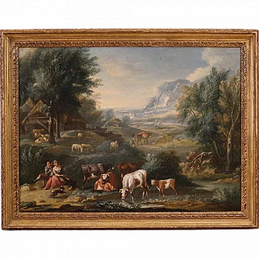 Refined bucolic landscape painting from the 18th century