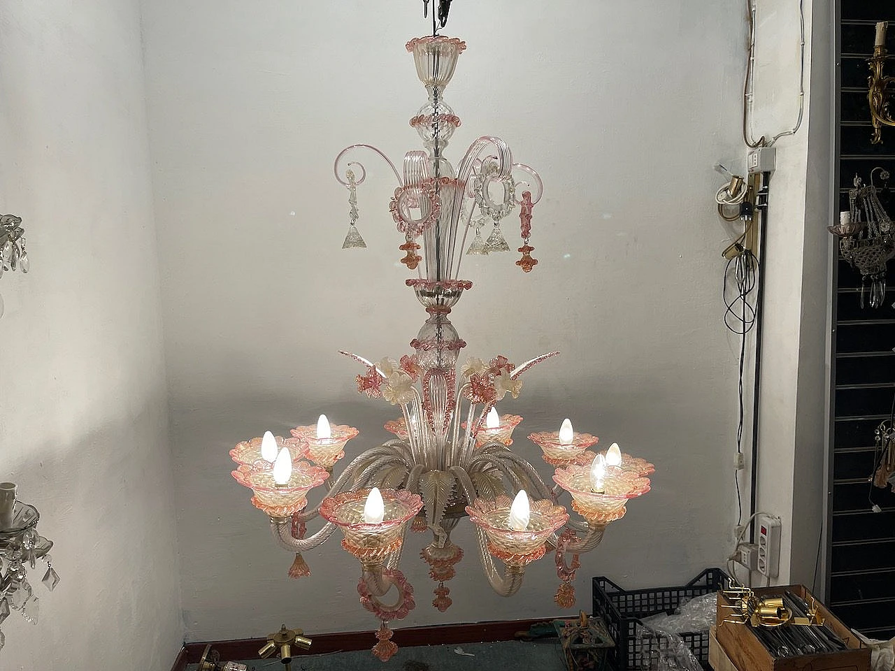 Venetian Pink Murano Glass Chandelier, 60s 12