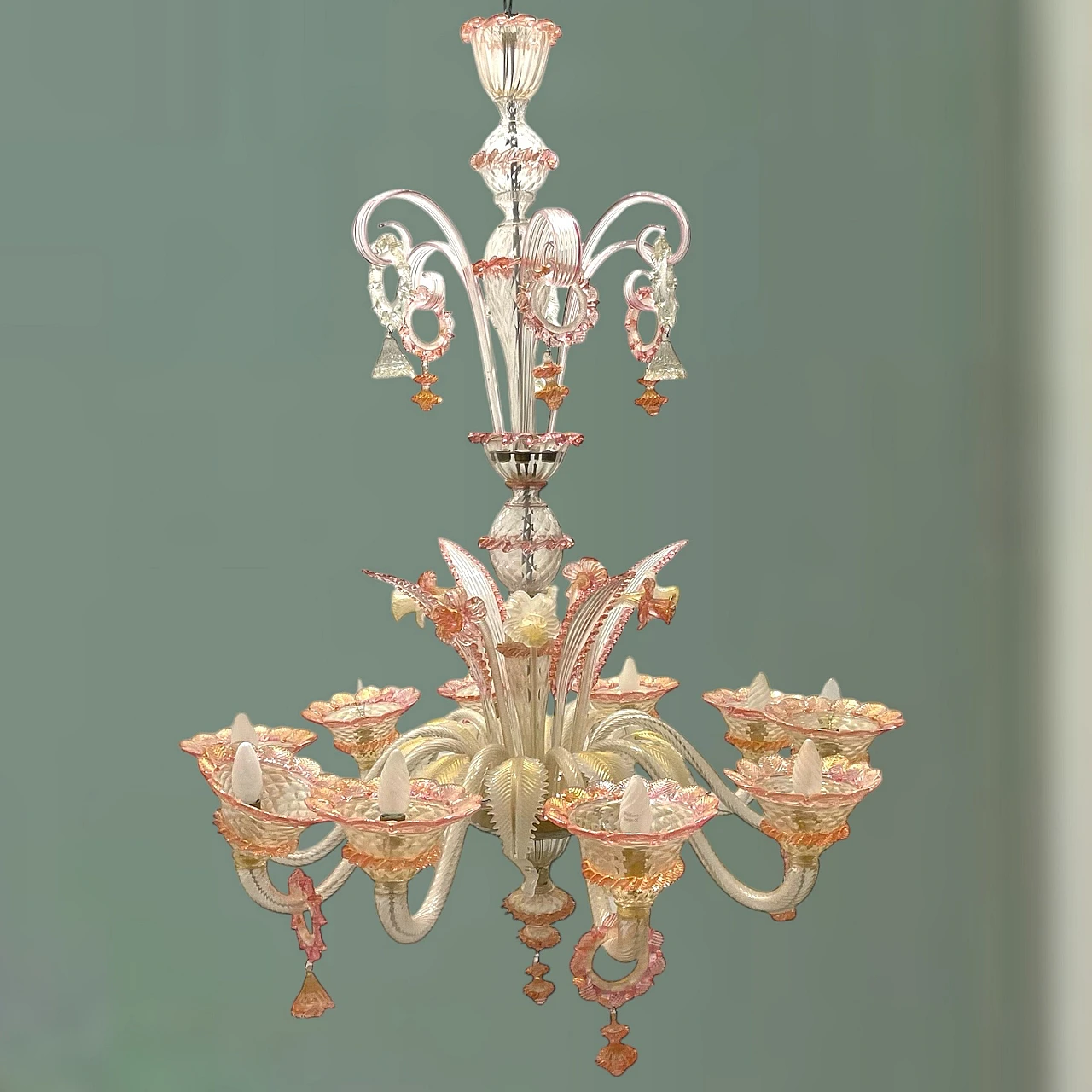 Venetian Pink Murano Glass Chandelier, 60s 13