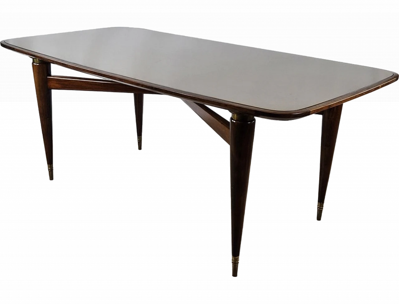 Walnut dining table with glass top and brass decorations, 1940s 24