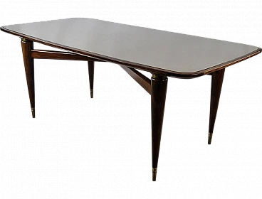 Walnut dining table with glass top and brass decorations, 1940s