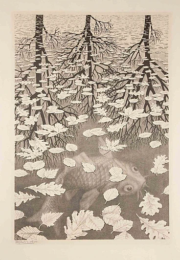 Maurits Cornelis Escher, Three Worlds, Lithograph 1940s-1950s