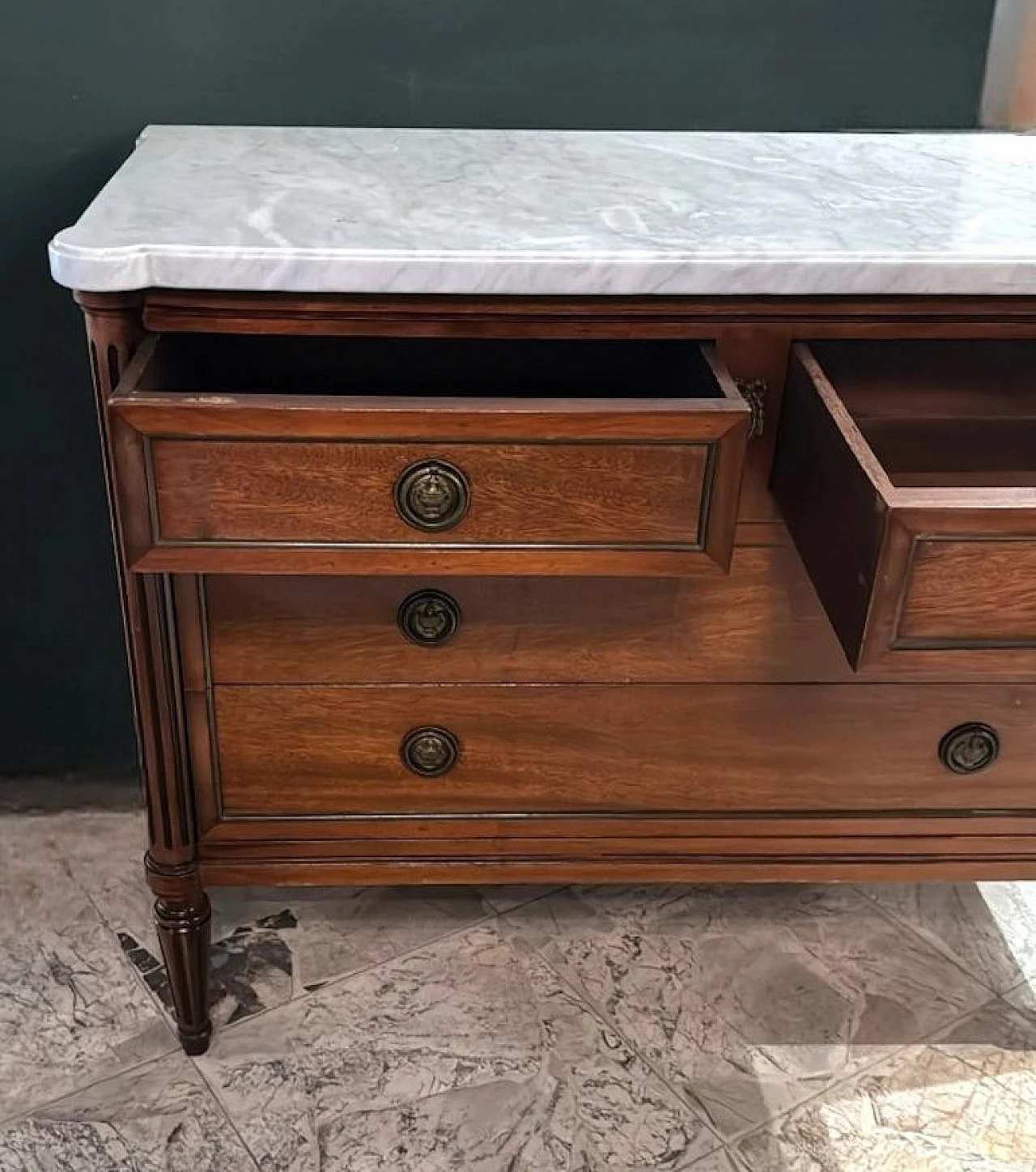 Louis XVI wooden chest of drawers with marble top, early 20th century 12