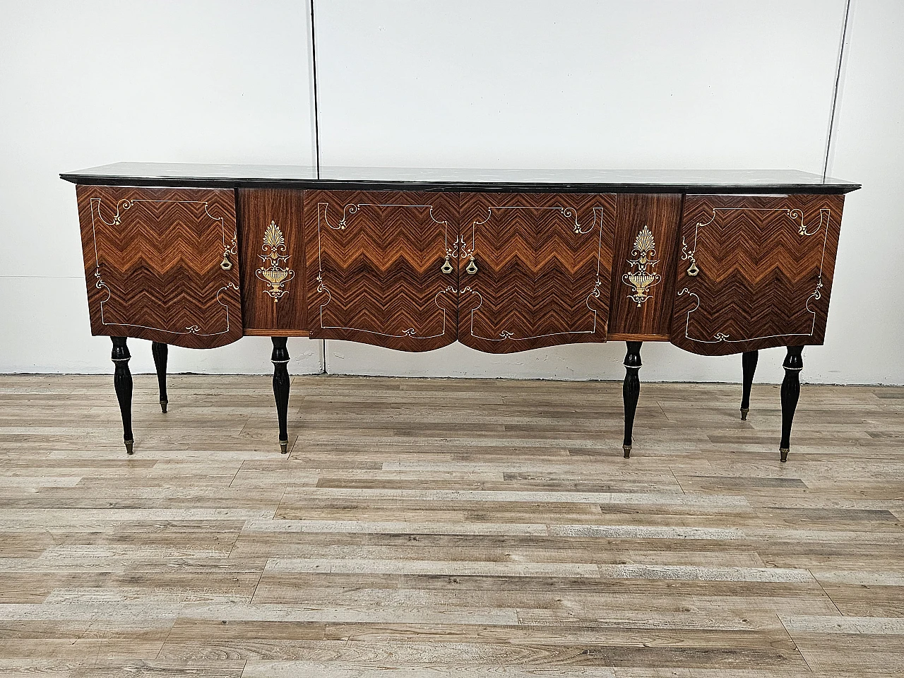 Mid Century sideboard mahogany and maple with glass, 50s 1