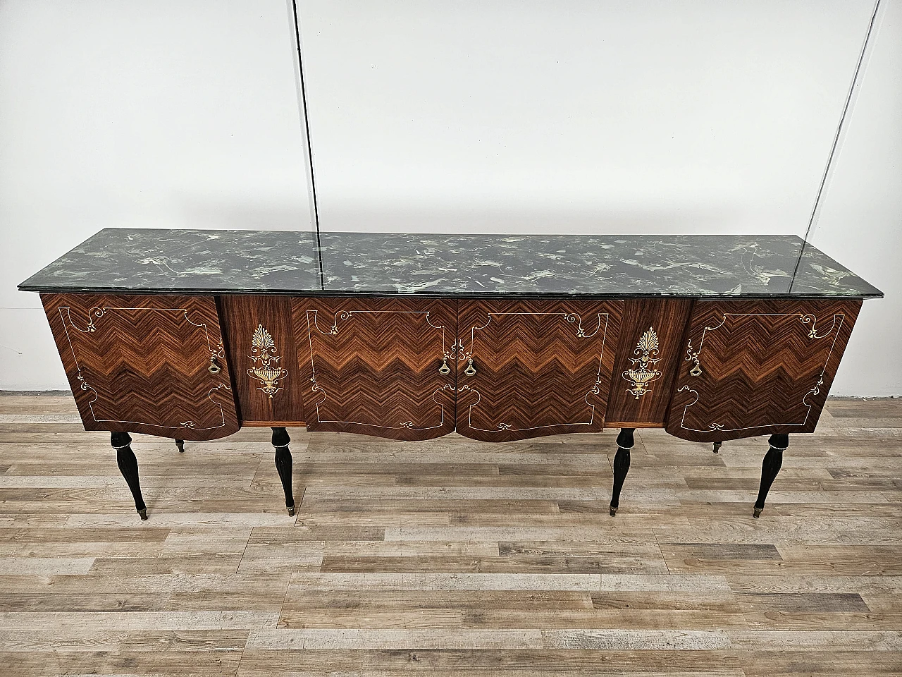 Mid Century sideboard mahogany and maple with glass, 50s 2