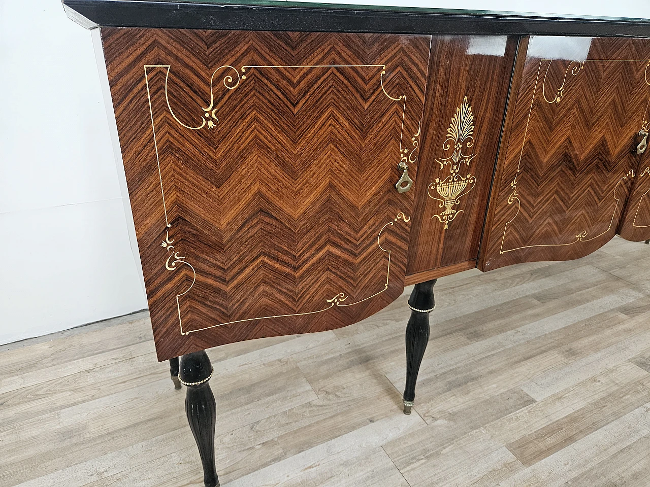 Mid Century sideboard mahogany and maple with glass, 50s 14