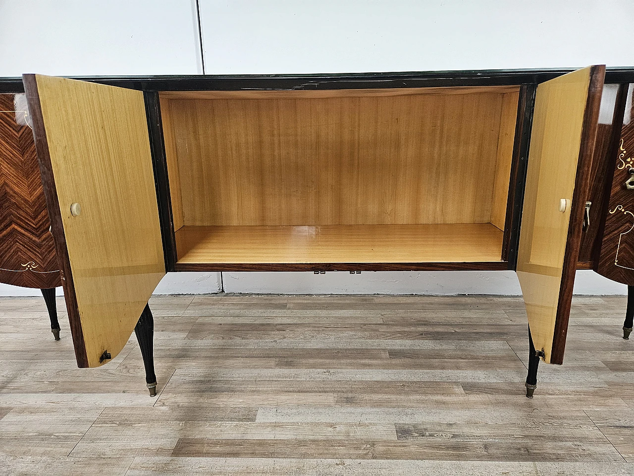 Mid Century sideboard mahogany and maple with glass, 50s 20