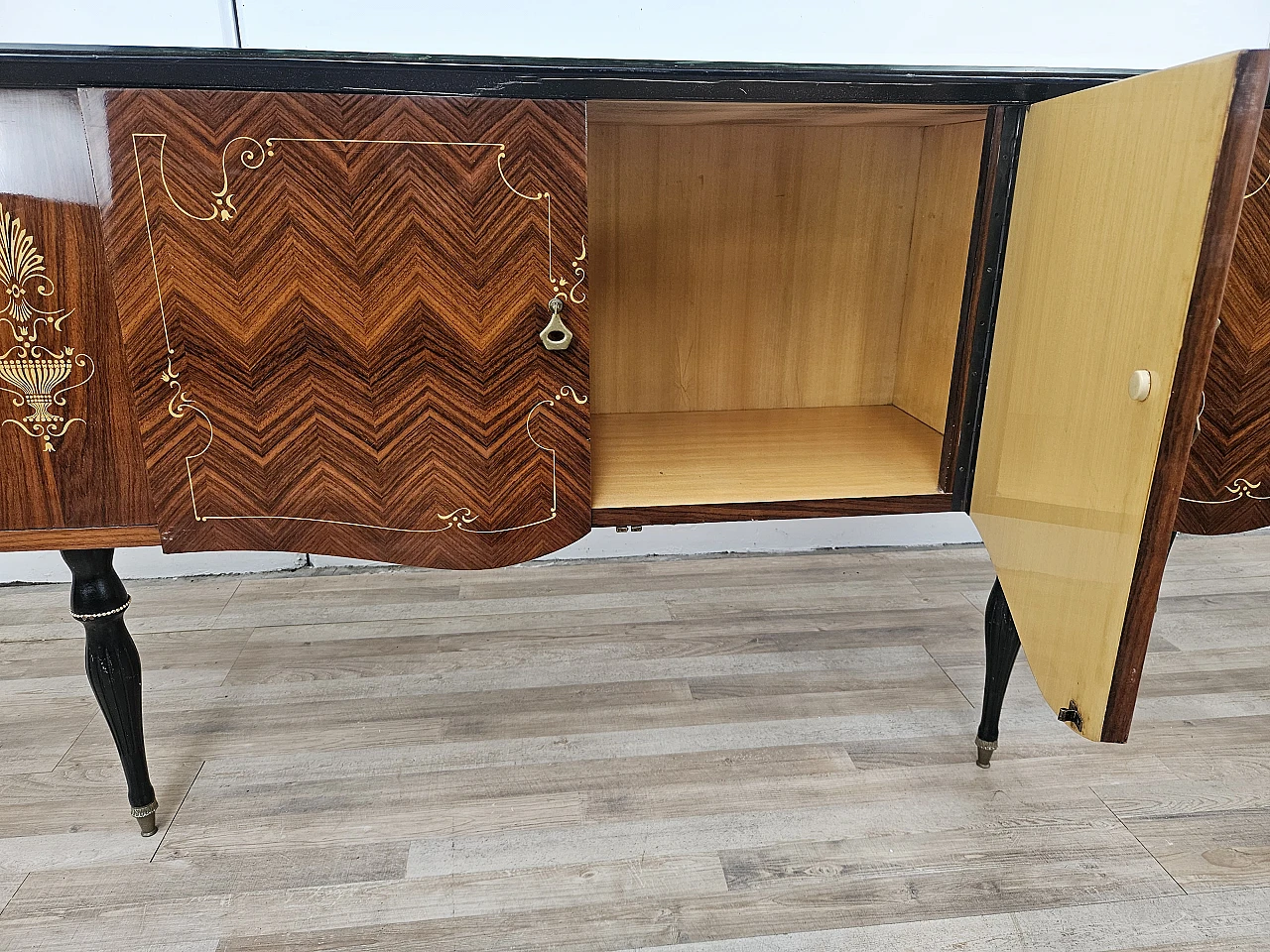 Mid Century sideboard mahogany and maple with glass, 50s 24