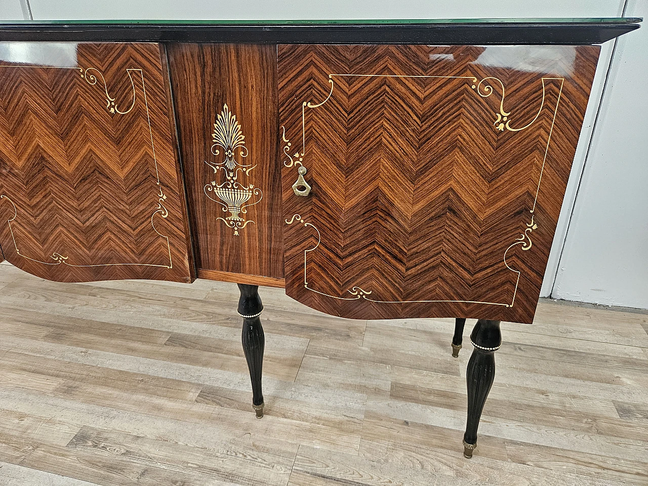 Mid Century sideboard mahogany and maple with glass, 50s 25