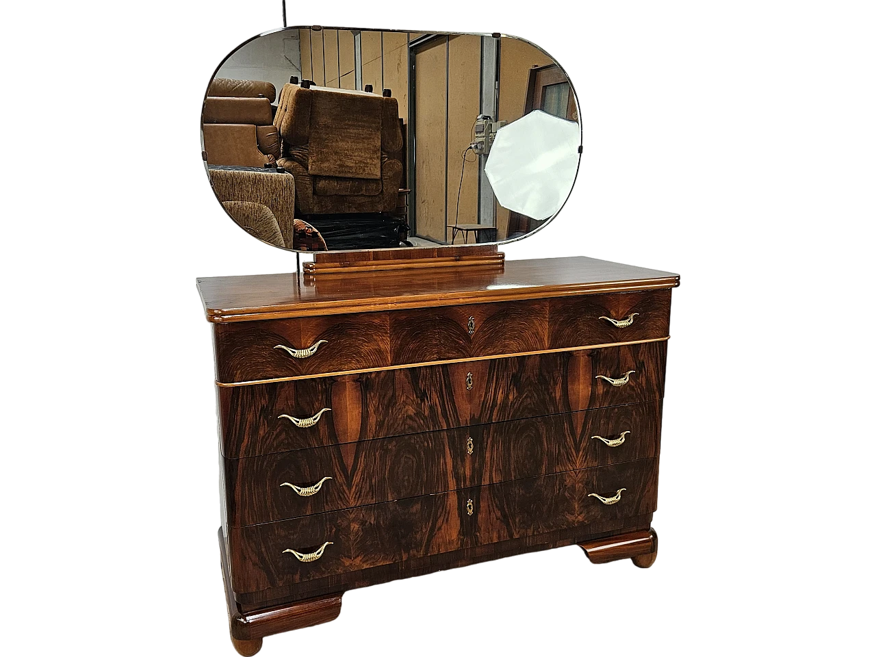 Art Deco walnut and maple dresser with mirror, 1940s 43