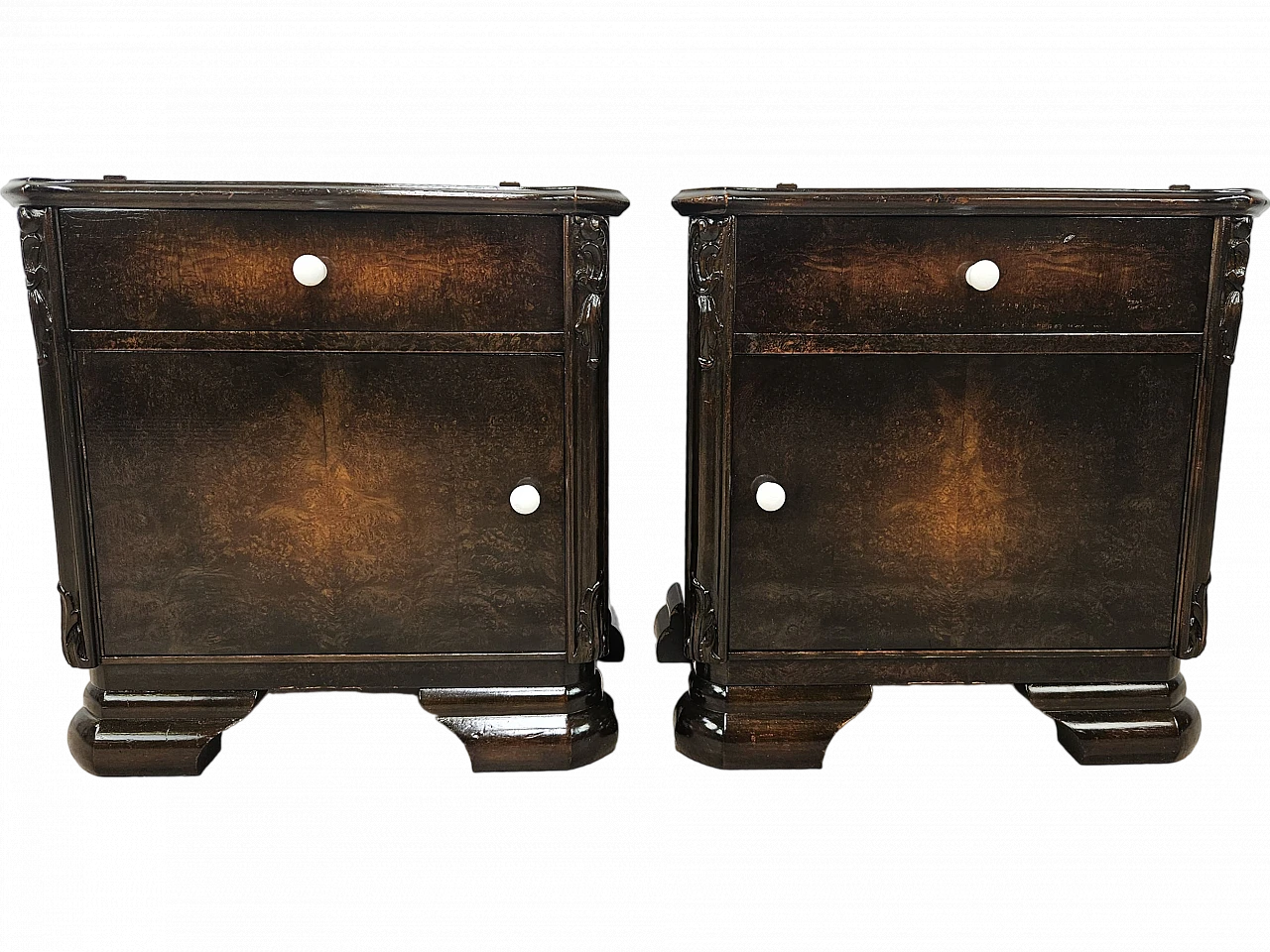 Pair of Art Deco walnut bedside tables, 1940s 42