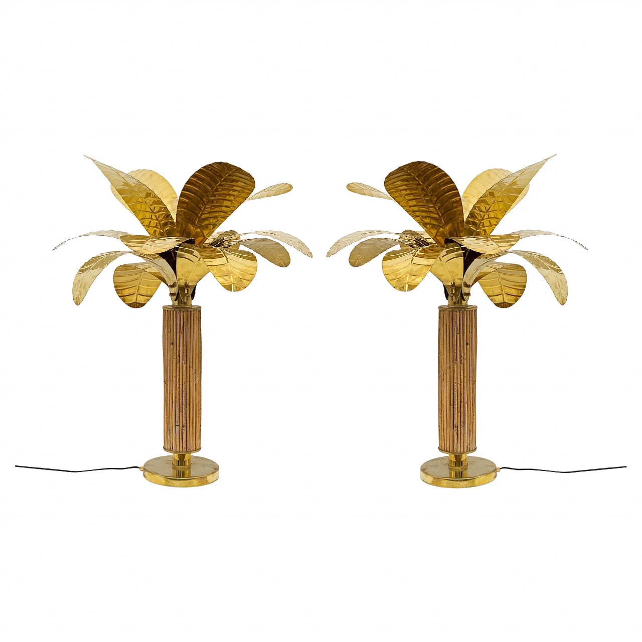 Pair of brass and rattan lamps, 1970s 1