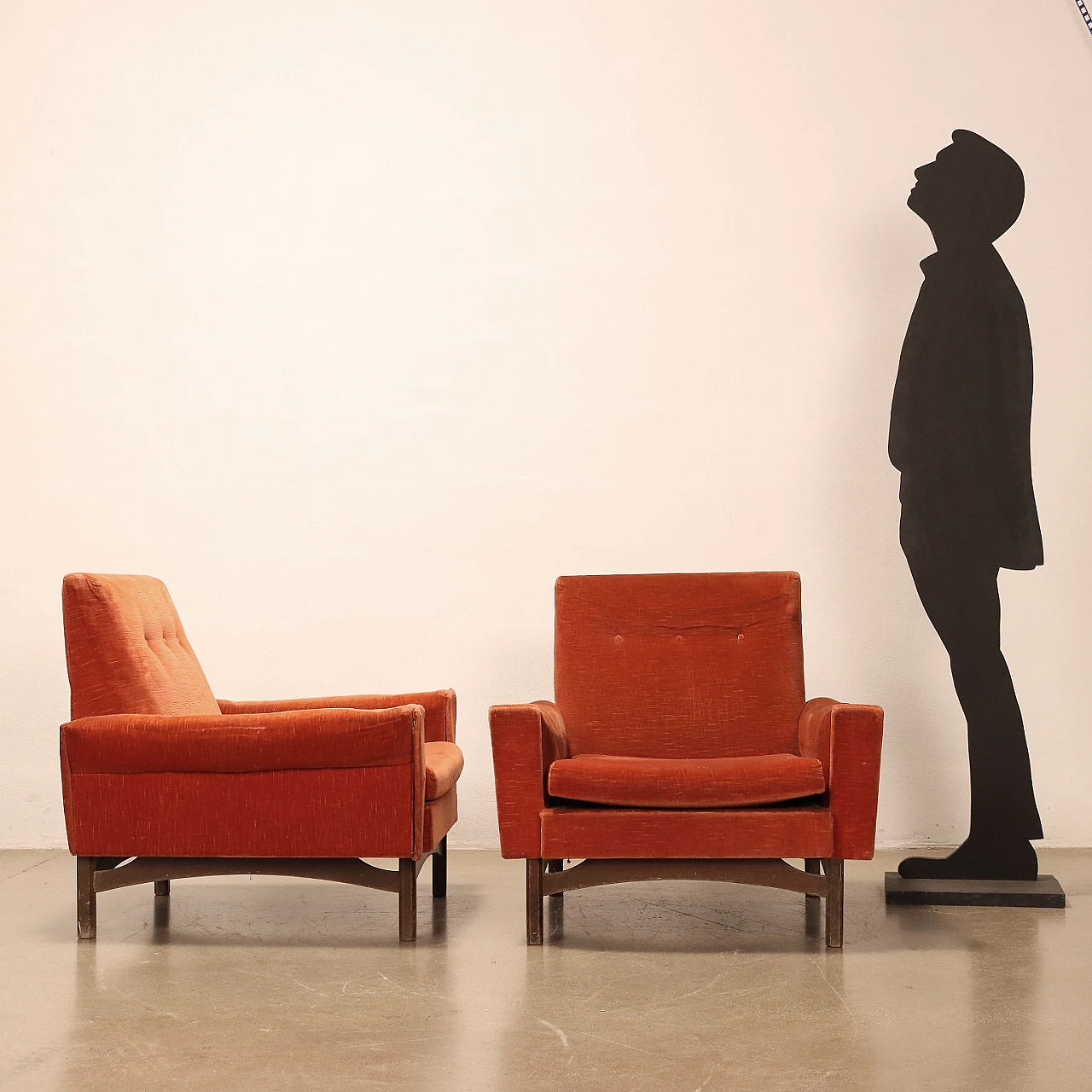 Pair of armchairs in wood and orange velvet, 1960s 2