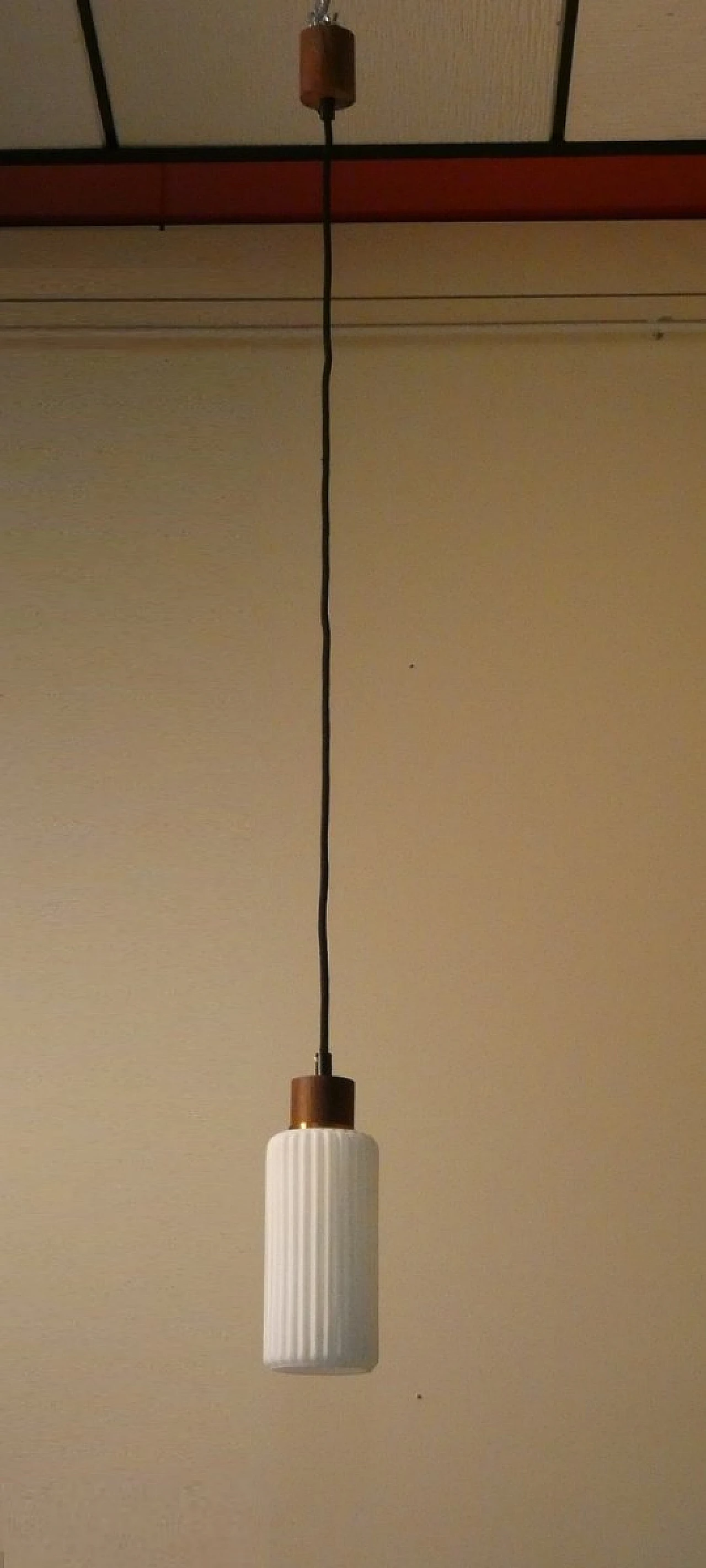 Mid-Century Pendant Lamp in Opaline Glass and Teak, Italy, 1950s 1