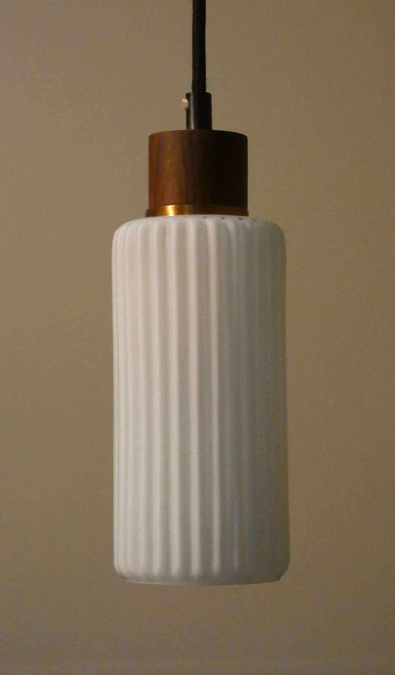 Mid-Century Pendant Lamp in Opaline Glass and Teak, Italy, 1950s 2