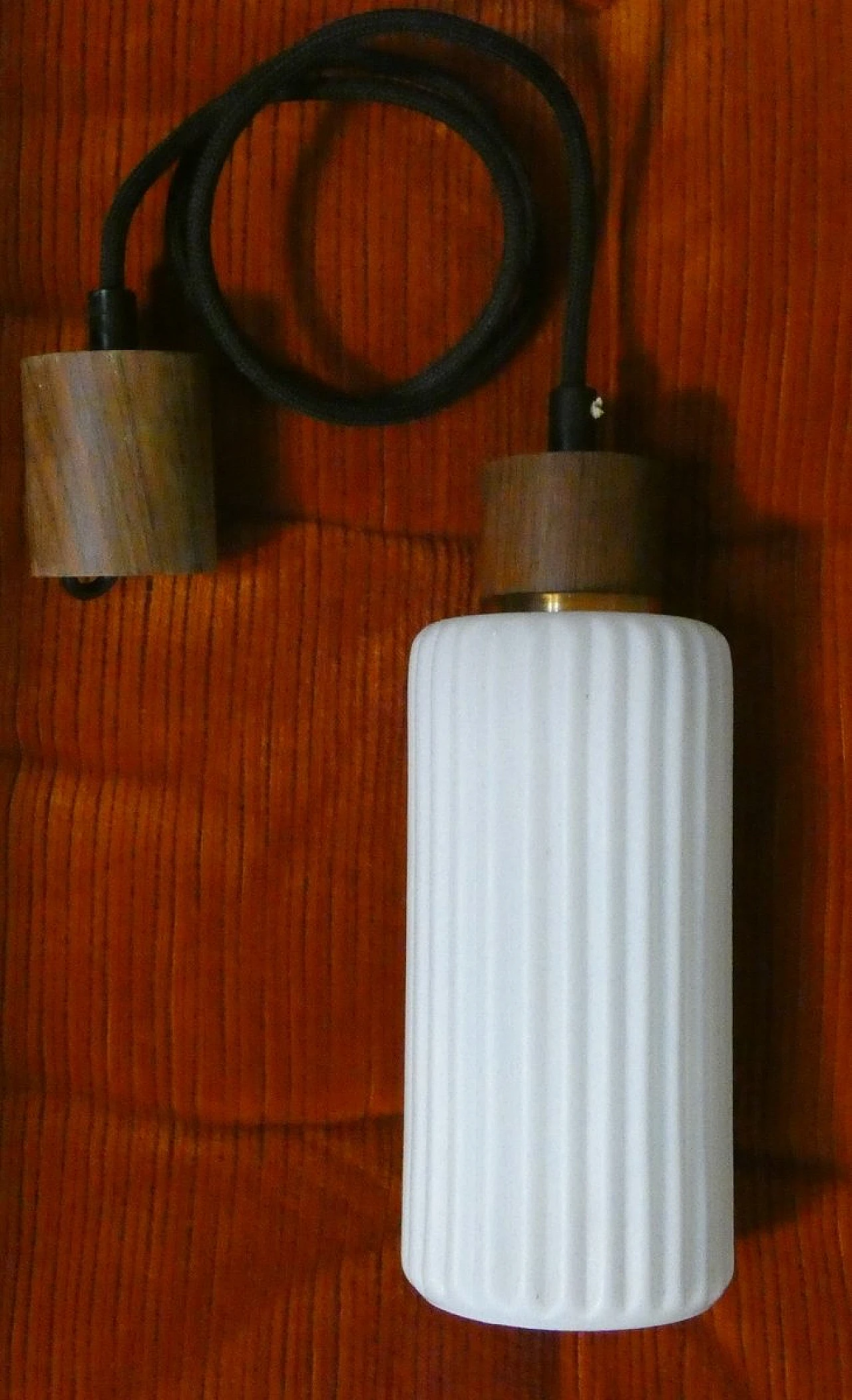 Mid-Century Pendant Lamp in Opaline Glass and Teak, Italy, 1950s 9