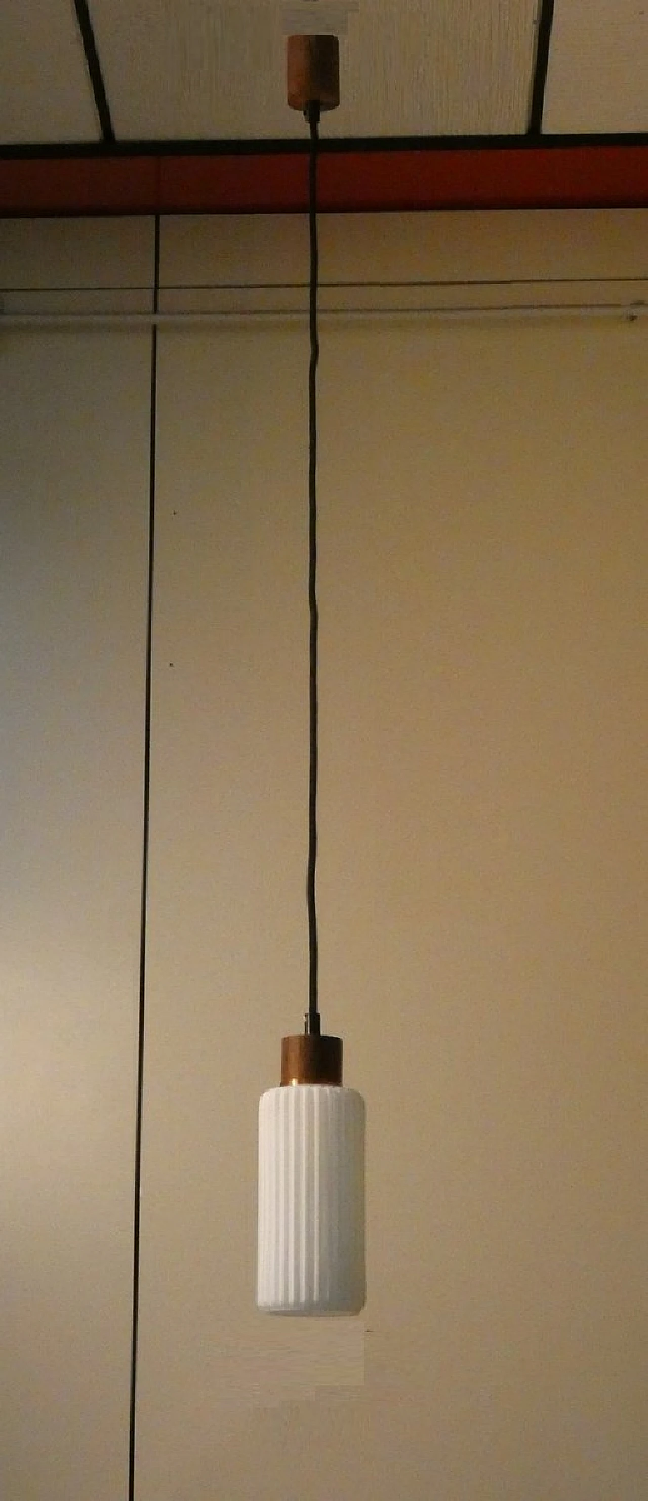 Mid-Century Pendant Lamp in Opaline Glass and Teak, Italy, 1950s 13